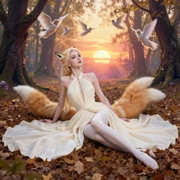 portrait, elgeant woman with fox tails, ivory pale skin, luxurious dress!!!!, halter neck, laying!!!!! in spring leaves, in a magical forest, sunset!!, angels flying in the background, vibrant, hyperrealism, fantasy, crepuscular rays, by krenz cushart and charlie bowater, wlop, artgerm
