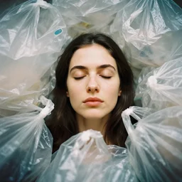 head and shoulder 8 5 mm portrait analog photography of a woman surrounded by plastic bags by mark owen. long hair. vogue. closed eyes. kodak portra. depth of field. detailed. hq. realistic. muted colors. mamiya 7 ii, f / 1. 2, symmetrical balance, in - frame