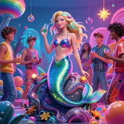 cyberpunk mermaid at hipster party by william barlowe and pascal blanche and tom bagshaw and elsa beskow and enki bilal and franklin booth, neon rainbow vivid colors smooth, liquid, curves, very fine high detail 3 5 mm lens photo 8 k resolution