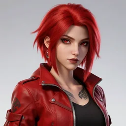 a girl with short red hair, cool, vi from arcane, league of legends, fighter, cool red jacket, tattoo, beautiful, 3 d, potrait, art staion, studio light, closeup shot, octane render, wlop