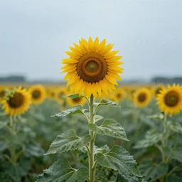 a sad! sunflower on a rainy! day, standing in a wide field!, in a symbolic and meaningful style, trending on artstation, by rj monet.