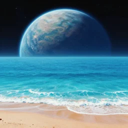 beach horizon view of the ocean on an alien planet, vaporwave ocean, planet in space over the horizon, trending on artstation, digital art by beeple
