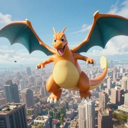 Charizard destroying a city from the air. Epic, cinematic, unreal engine, Realistic, Hyper detailed, 4k
