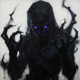 a dark human entity with deep purple eyes, a man completely dark, dark shadow, no color, with black magic powers, ultra realistic, 8 k, organic painting, matte painting, bold shapes, hard edges, street art, trending on artstation, by huang guangjian, gil elvgren, ruan jia, randy vargas, greg rutkowski