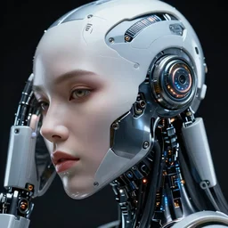 hyper realistic and detailed closeup photo of a female android with hard surface panels and led lights by annie leibovitz