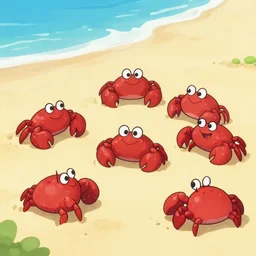 a group of anthropomorphic red cute hermit crabs on sandy beach, cartoon