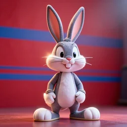 photo of a bugs bunny toy sitting infront of a red wall with blue stripes ultra realistic, lens flare, atmosphere, glow, detailed, intricate, full of colour, cinematic lighting, trending on artstation, 4 k, hyperrealistic, focused, extreme details, unreal engine 5, cinematic, masterpiece, ultra realistic, hyper realistic, highly detailed, sharp focus, digital art