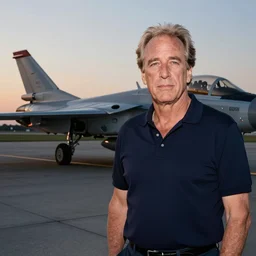 aesthetic illustration of jeffrey epstein, wearing a dark blue polo shirt, standing near fighter jet on an empty runway at dusk, high detail, volumetric lights, pinterest wallpaper