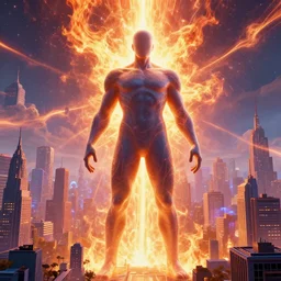 massive large human figure in center of psychdelic city blaze of glory supernova dreamworld in the underworld, surrealist and abstract digital art trending on artstation by artist Rob Gonsalves and Mark Riddick supreme peace immense knowledge black purple violet mint white navy gold dmt art