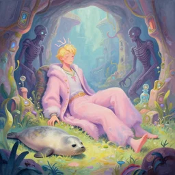 beautiful digital fantasy illustration of a Prince in pastel!!!, whimsical acrylic modern pop surrealism, Even Giger-y dark overlords living in the ruins of an ancient system of tunnels and caves like to be comfy every once in a while!, A seal sleeping peacefully in a kelp forest, magic the gathering lands art!!, highly detailed, soft lighting, rendered in octane, masterpiece, very very very aesthetic