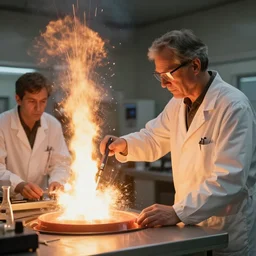 scientist performing a explosive experiment by otto dix and greg rutkowski and andreas rocha, cinematic lighting, highly detailed, warm colours, 8 k