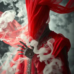 white necromancer wedding from hell, by tom bagshaw and greg rutkowski, red fabric, fibers weaving into strands of smoke and metal filigree joining into carbon fiber strands, gucci fabrics, white explosions of color, dramatic lighting, ultra detail, close up, dof, smooth render, cinematic, octane render, art nouveau, fine art