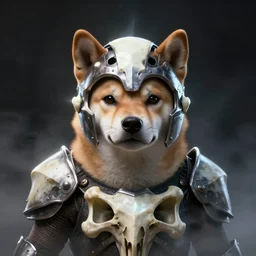 bones armor, anthropomorphic shiba inu face visible metal bone helm, stuning 3 d render, masterpiece, glowing black aura, foggy dark, by donato giancola and greg rutkowski and wayne barlow and zdzisław beksinski, realistic face