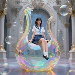 a beautiful japanese girl sitting on an unfinished klein bottle sculptural, chroma iridescence, colors, glassy, reflective and refractive, soap bubbles floating, surreal baroque architecture background