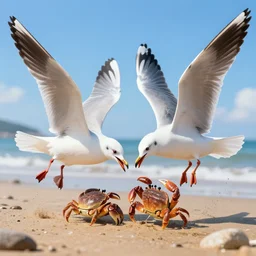 seagulls fighting crabs at the beach, digital art, artstation, highly detailed