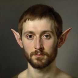 portrait of hansom male elf with dark brown eyes, short straight brown hair and a well trimmed short beard by valentin de boulogne, only one head single portrait, pointy ears