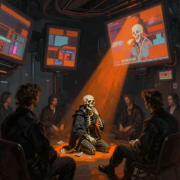 futuristic neon lit scene of death of the money lenders, futuristic oil painting by rembrandt and jeff koonz, led panel screens and projections, dynamic lighting, black and orange colour palette