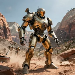 cinematography of a cinematic ultra realist and ultra intricate detailed photo of a beautiful sci-fi armored mech shootout in Zion national park by Emmanuel Lubezki