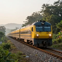 a train in beautiful landscape, at morning, f / 1, 1 / 2 shutter speed, iso 1 0 0