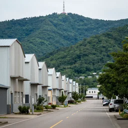 looking down street, warehouses lining the street. forested hills background with radio tower on top. telephoto lens compression.