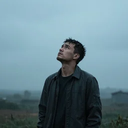 a man standing in the rain looking up toward the sky pondering life sad