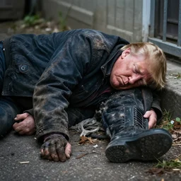 donald trump as a homeless man, bum, drunkard, passed out, disheveled, dirty clothes