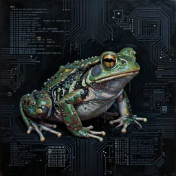 toads, big toad, mechanical, technical, abstract, acrylic, oil, circuit board, computers, venetian snares album cover, vectors, drips, dimensions, tears, leaks, glitches, frogs, amphibians, geometry, data, datamosh, motherboard, minimal, code, cybernetic, painting, dark, eerie, cyber