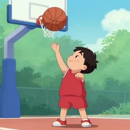 a kid shooting a basketball, animated, animation