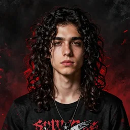 black red stylized pretty young man with long curly dark hair and punk rock shirt portrait, grunge art, dan mumford, victo ngai, alena aenami