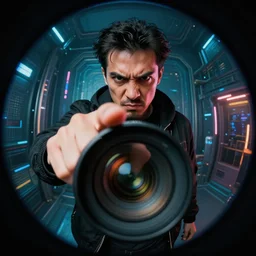 Fisheye lens photo, The angry man stands very close to the lens pointing his finger directly at the lens with cyberpunk background , cinematic lighting, photorealistic, dramatic, award winning, intricate details, 8K