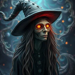 psychadelic witch with a witch hat, hyper detailed, flowing psychadelic background intricate and detailed, 8 k, octane render