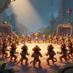 Battle Monkeys at their battle stations, stylized, cartoon