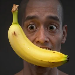 a banana with human teeth and eyes, visible skin pores, the banana is sweating, highly detailed, highly realistic, uncanny.