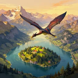matte painting of beautiful mountain landscape in northern switzerland with an island and one large pterodactyl flying over landscape, by albert whitlock, amazing details, beautiful composition, vibrant colors, bird eye view, luminescent, warm hue's