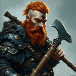 a red head bearded dwarf warrior, black and bronze armor, axe and flint carbine, portrait by daniel docciu and dave dorman and jeff easley