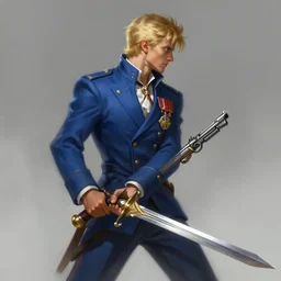 side profile of a blonde man in a blue suit with medals on it dual wielding a sword and a pistol, highly detailed, d & d, fantasy digital painting, trending on artstation, concept art, sharp focus, illustration, global illumination, ray tracing, realistic shaded, art by artgerm and greg rutkowski and fuji choko and viktoria gavrilenko and hoang lap