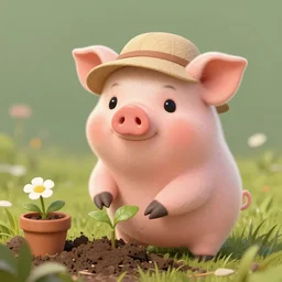 cute and adorable little piggy 🐷 doing some gardening wearing a cute hat, highly detailed, digital painting, artstation, concept art, smooth, sharp focus, illustration, art by artgerm and greg rutkowski and alphonse mucha