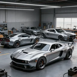 combine some random sport car with a classic muscle car with bare metal paint, in a workshop, concept art style by pablo carpio. global illumination ray tracing render. full view.