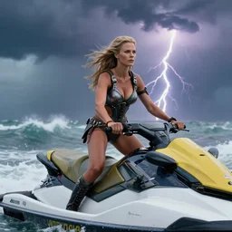 film still of charlize theron as a viking women with weapons riding on a jet ski, wearing skin - tight futuristic valkerie bikini, rough seas in background, lightning storms, water world, mad max, hyper - realistic, highly detailed, accurate, 8 k octane render, 2 8 mm, wide angle, rule of thirds