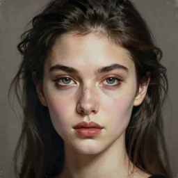 portrait of a beautiful woman, enigmatic beauty, head in focus, intricate, elegant, highly detailed, hyperrealistic painting, concept art, painterly, sharp focus, art by ive freya