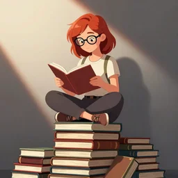 a young woman with red hair and glasses sits cross legged on top of a tall pile of books. she is reading. clean pretty cartoon painting, cel shaded, minimal outlines, beautiful detailed face.