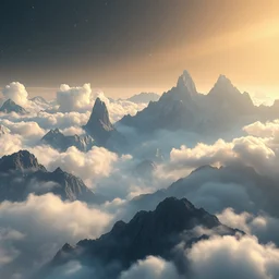 a beautiful digital render of a dream landscape with tall mountains dissolving into clouds dissolving into a nebula, fog, dark, volumetric lighting, starry night, very detailed, cirrus, gold and blue, washed out colors, intricate detail, ultrarealistic, master level composition, raytracing