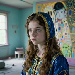 close up of a girl in a blue and gold haunted liminal abandoned room, film still by edward hopper, by gottfried helnwein, by klimt, art noveau, highly detailed, strong lights, liminal, eerie, bright pastel colors,