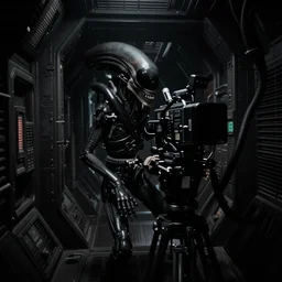 a tight shot of a dark Alien ship interior corridor by Ridley Scott, high contrast, Aliens movie, grainy, moody, dark, bleak, ARRIFLEX 35 III Camera