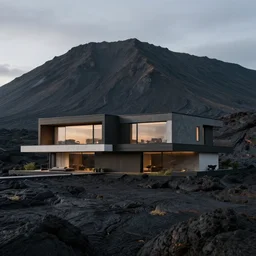 modern house surrounded by lava, on top of a large mountain cinematic, hyper realistic, photo real, cinematic composition, highly detailed, vray, 8k render