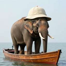 an elephant standing on a boat wearing a fisher's hat.