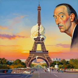 a dream painting of scoops of ice - cream in the shape of the eiffel tower in paris melting on a summer sunset painted by james jean and salvador dali