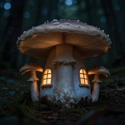 A mushroom house in a mushroom, warm light coming from the windows, in a dark forest, macro, cool tones, underexposed, overecast, mysterious matte painting by greg rutkowski and marc simonetti and Ivan Shishkin, 4k