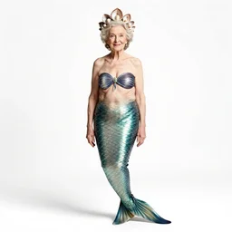 elderly mermaid with shell crown, photorealistic portrait photography, full body, standing, isolated on a pure white background, centered, whole figure in frame, sharp focus, studio lighting