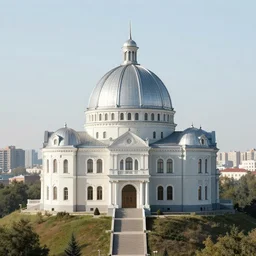 dome mansion on a hill, with postsoviet city in the background distance